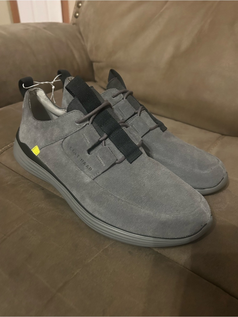 Cole Haan Gray Suede Slip-On Sneakers with Black Tab and Yellow Accent